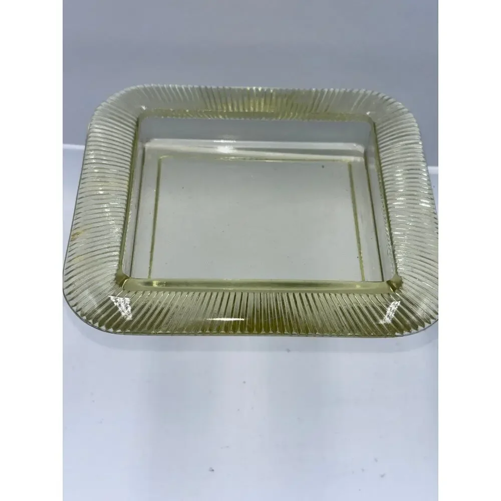 Vintage Uranium Yellow Glass Square Dish Ribbed Vaseline Glows Ribbed Border